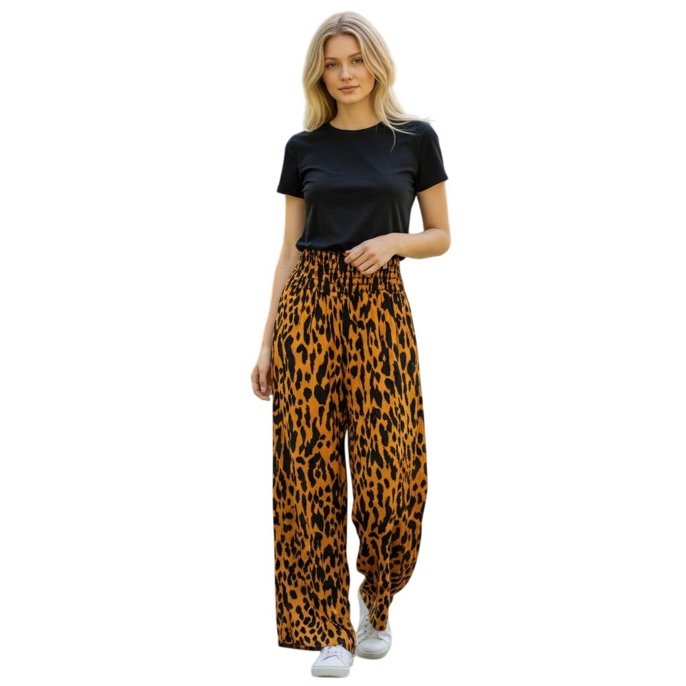 Boom Boom Jeans Womens Leopard Print Wide Leg Smocked Waist Pants V14357Z NEW